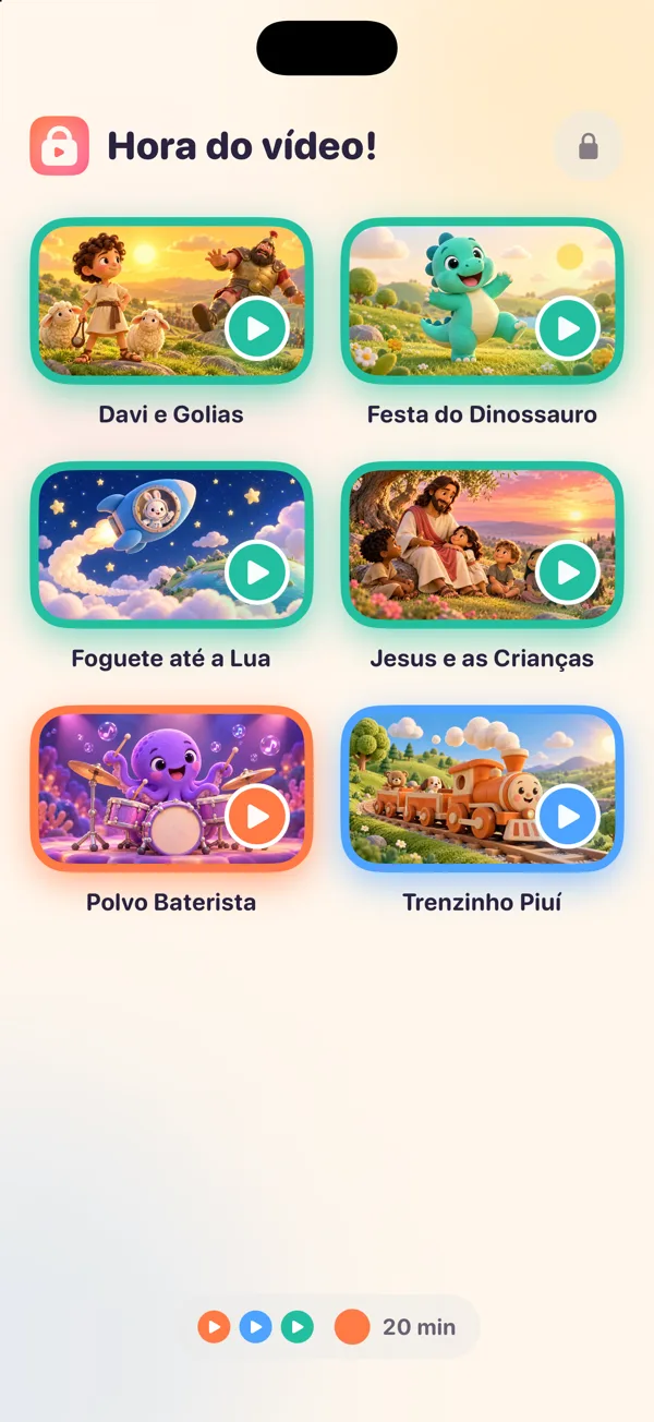 Modo criança: seis desenhos escolhidos pelos pais, com uma sessão de 20 minutos